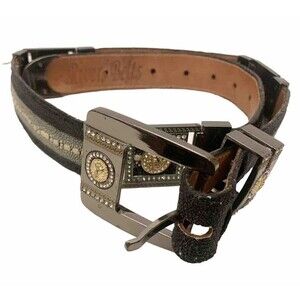River Belts Snake Skin Belt 32 Black Leather Metal Accents Western Embossed